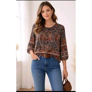 Lucky Brand Womens Peasant 1X Top India Block Print Flowy Festival Blouse